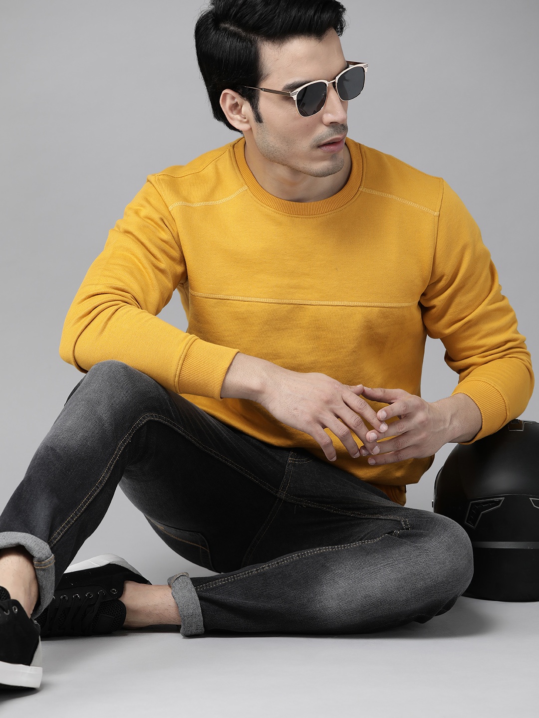 

Roadster Men Mustard Yellow Solid Sweatshirt