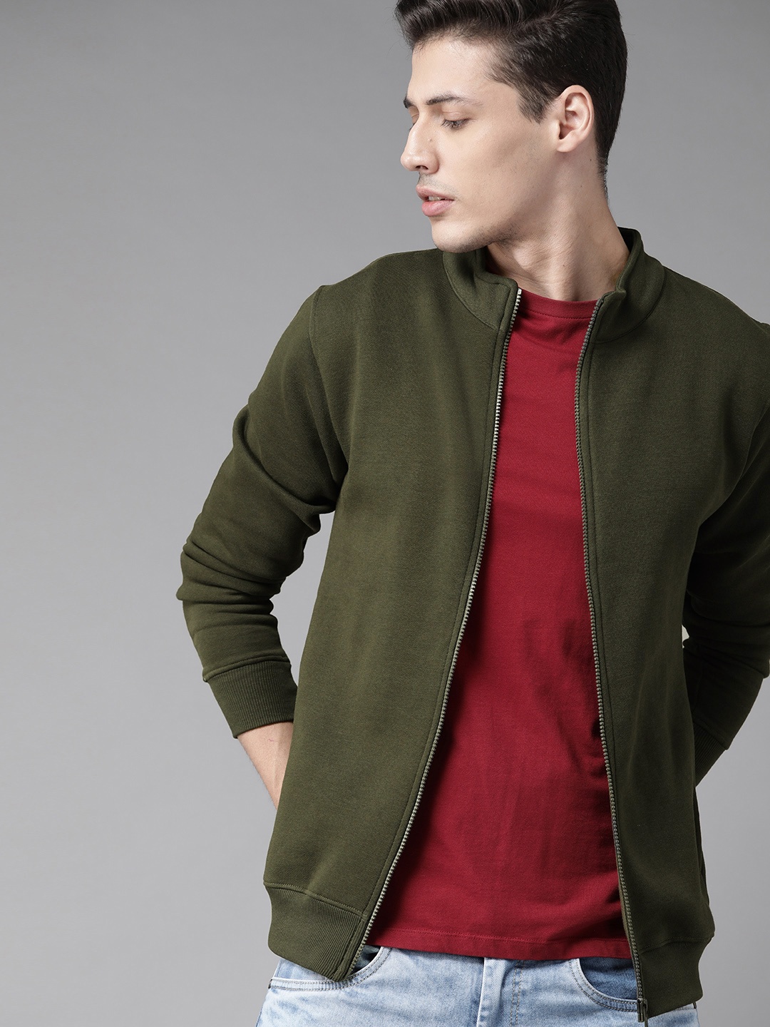 

Roadster Men Olive Green Solid Sweatshirt