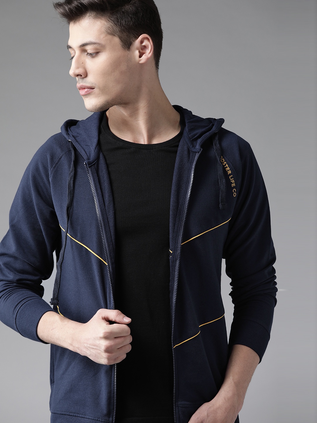 

Roadster Men Navy Blue Panelled Detail Solid Hooded Sweatshirt