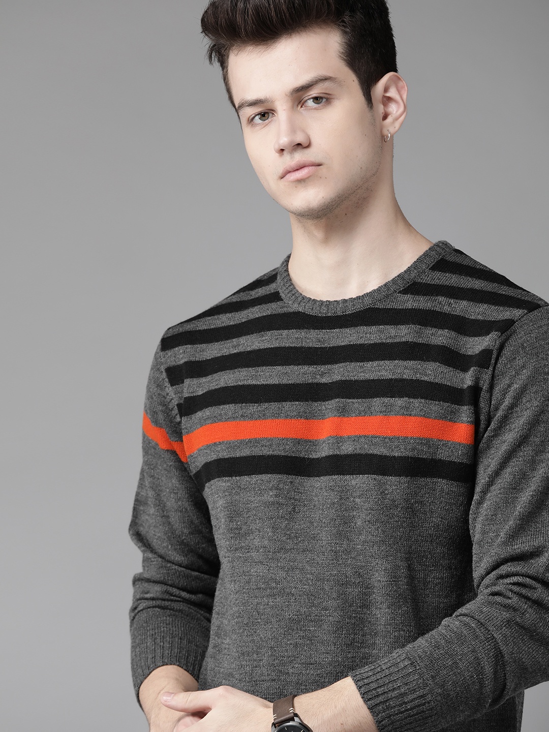 

Roadster Men Charcoal Grey & Black Striped Pullover