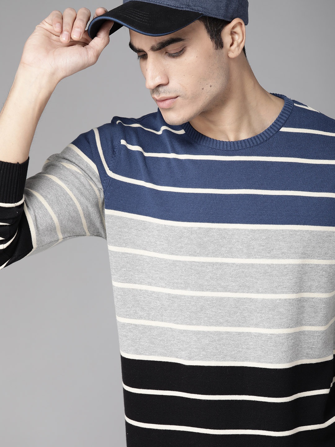 

Roadster Men Black & Grey Melange Stripes with Colourblock Pullover Sweater