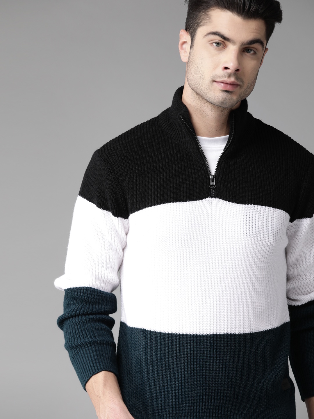 

Roadster Men Black & White Colourblocked Ribbed Pullover Sweater
