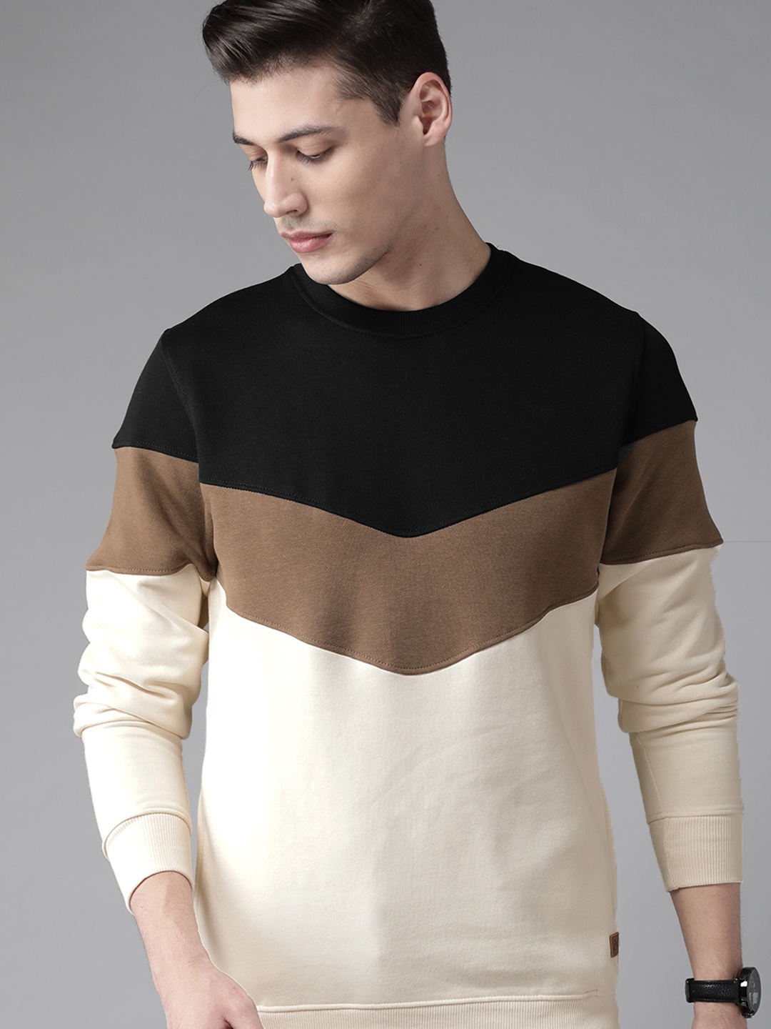 

Roadster Men Beige & Black Colourblocked Sweatshirt
