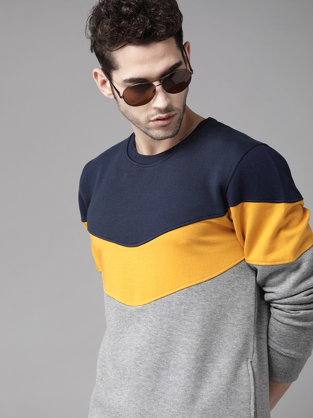 

Roadster Men Navy Blue & Mustard Yellow Colourblocked Sweatshirt