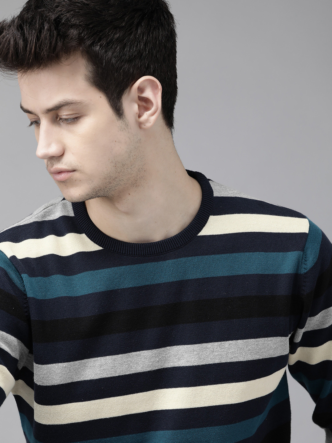 

Roadster Men Blue & Grey Melange Striped Pullover Sweater