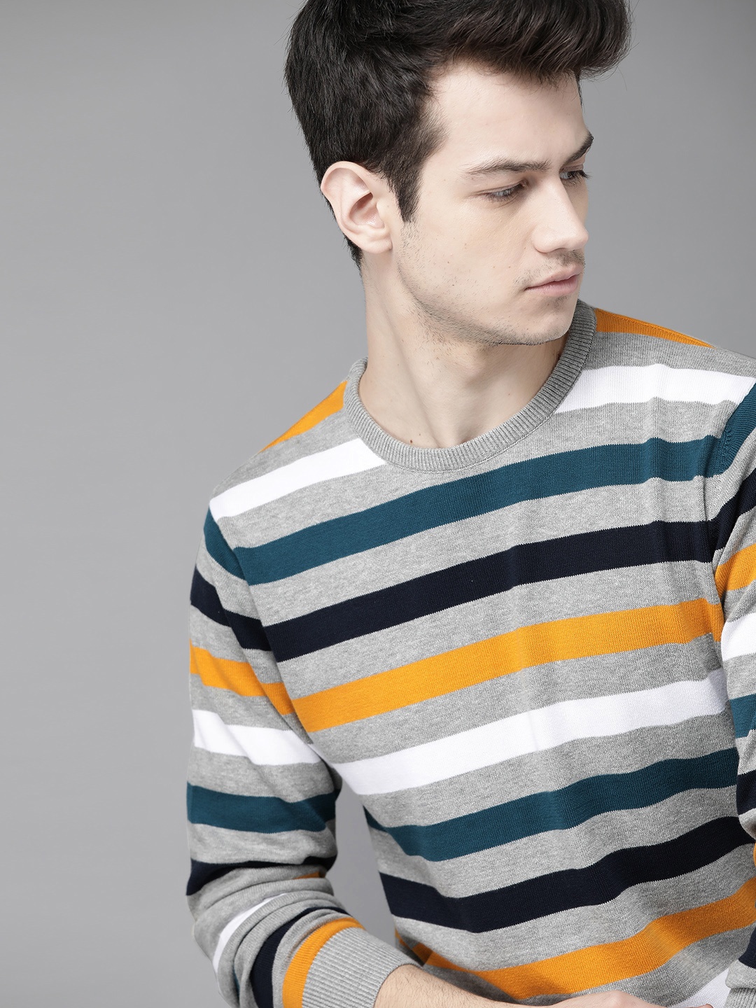 

Roadster Men Grey Melange & Black Striped Pullover Sweater