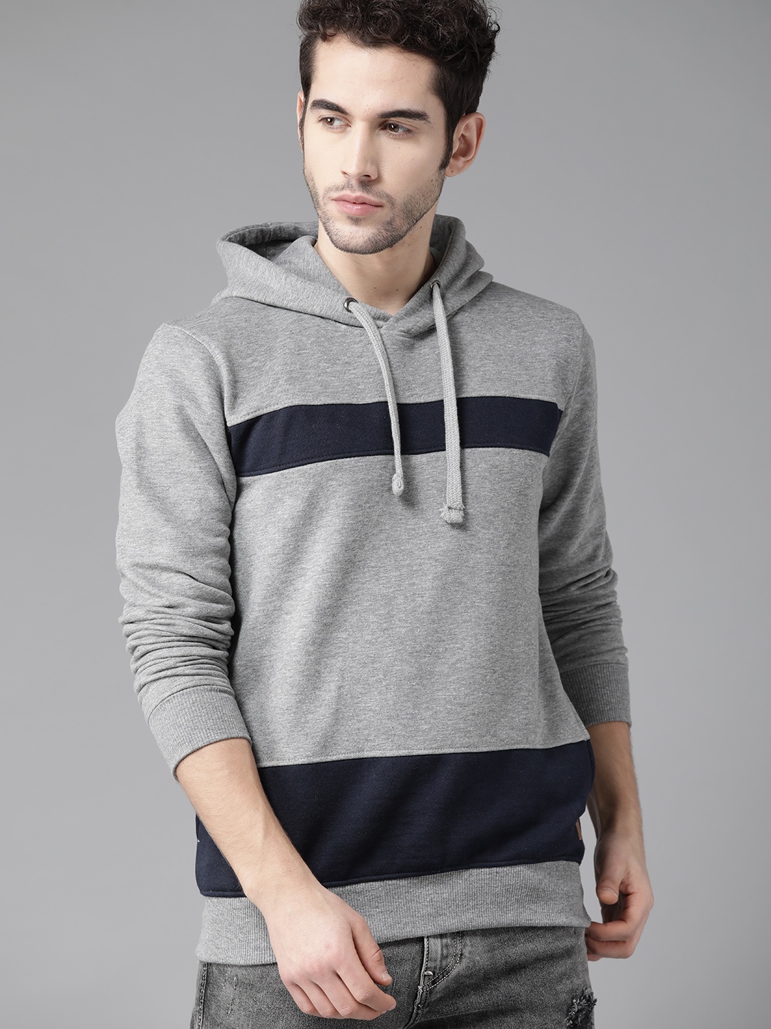 Roadster Men Grey Melange & Navy Blue Striped Hooded Sweatshirt