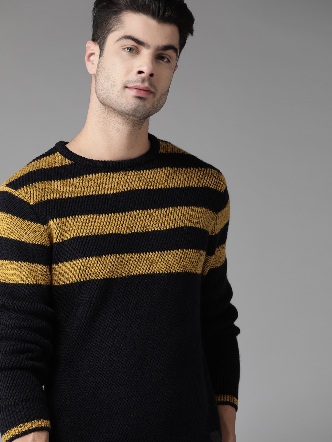 

Roadster Men Navy Blue & Mustard Yellow Striped Pullover Sweater