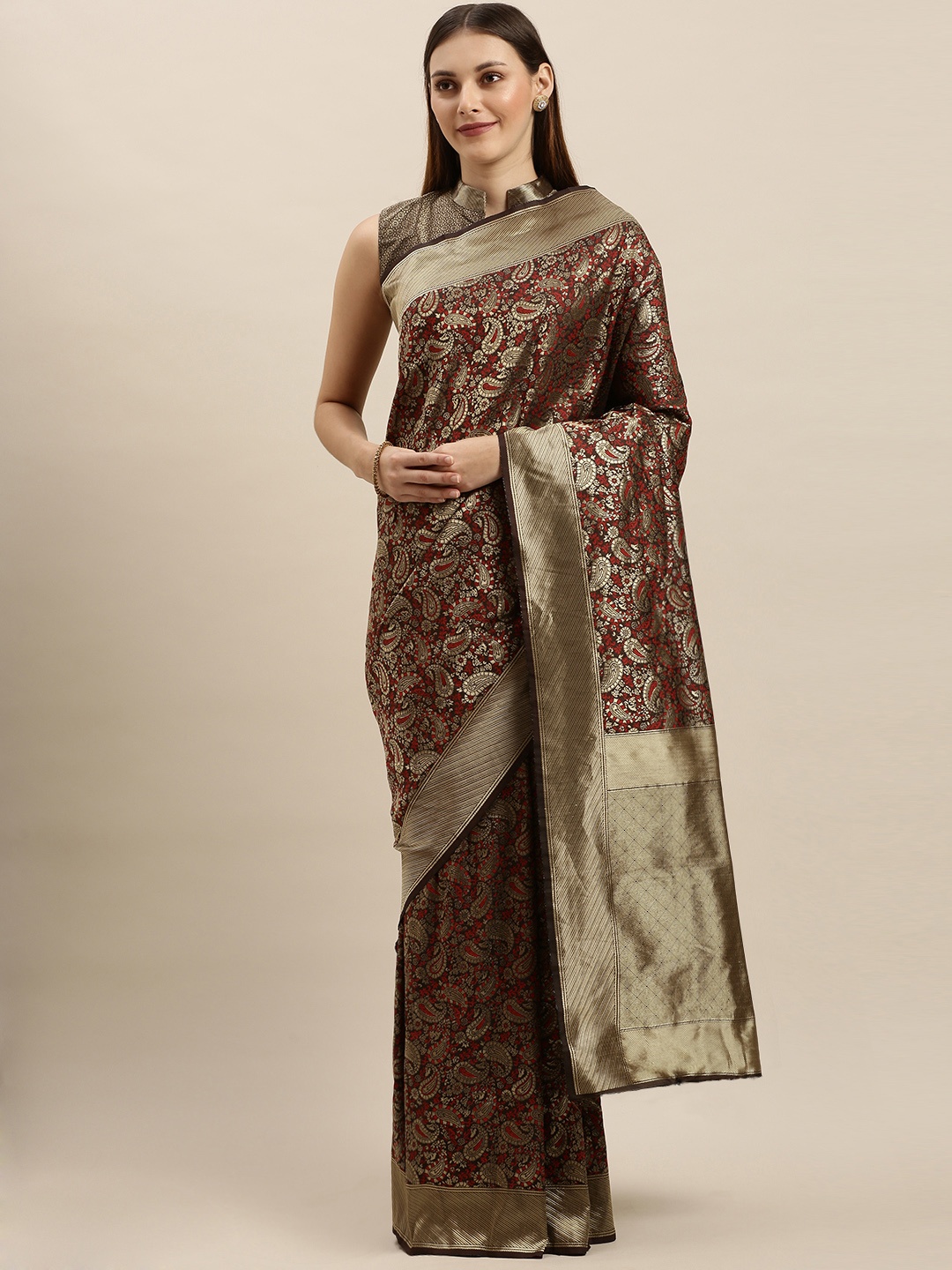 

SHAVYA Red & Coffee Brown Pure Silk Woven Design Banarasi Saree