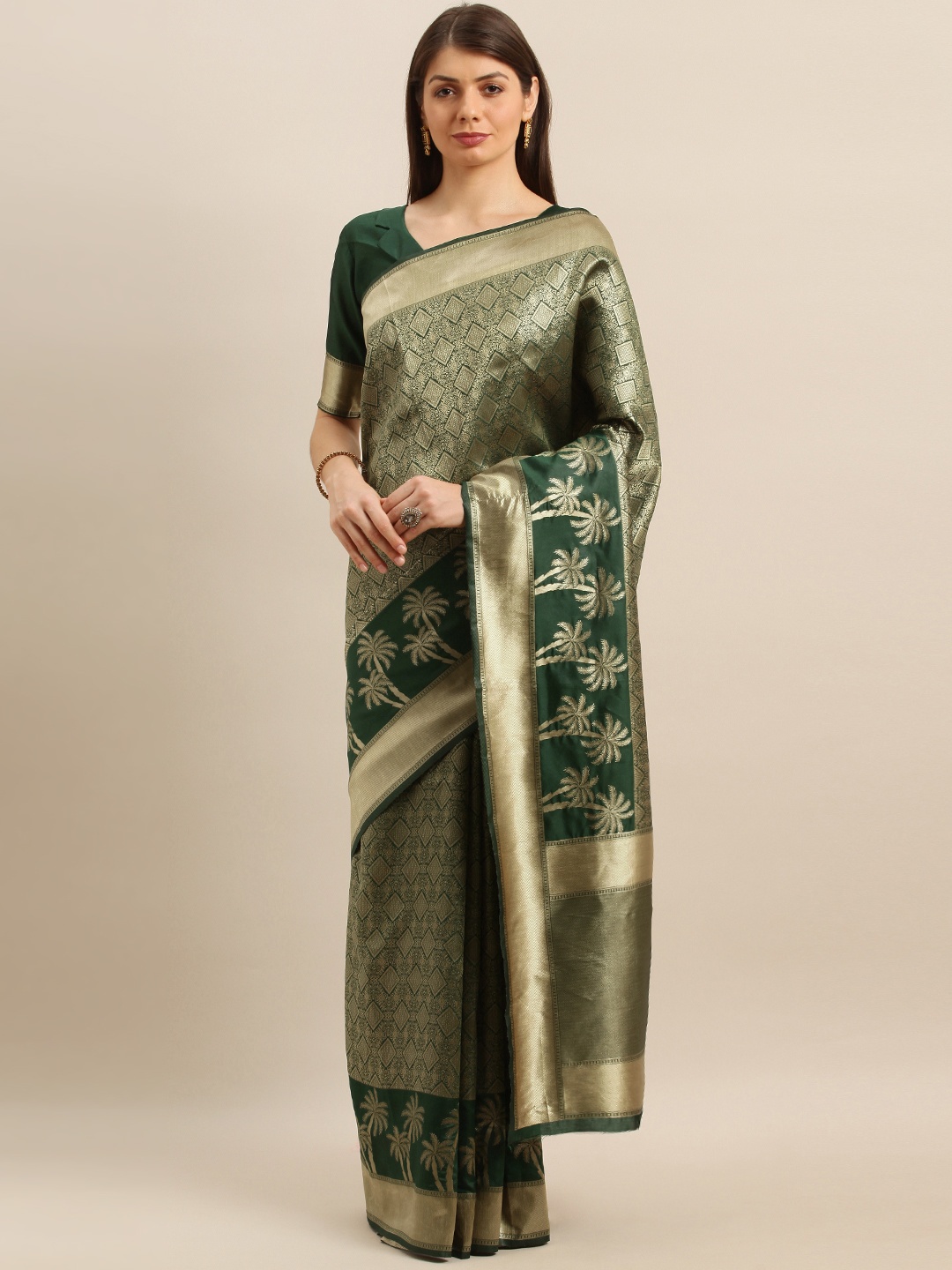 

SHAVYA Green & Gold-Toned Pure Silk Woven Design Banarasi Saree