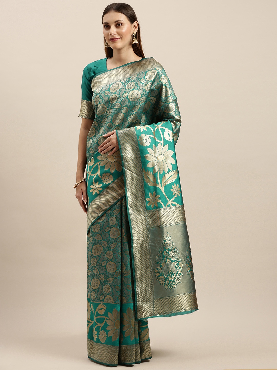 

SHAVYA Teal Green & Golden Pure Silk Woven Design Banarasi Saree