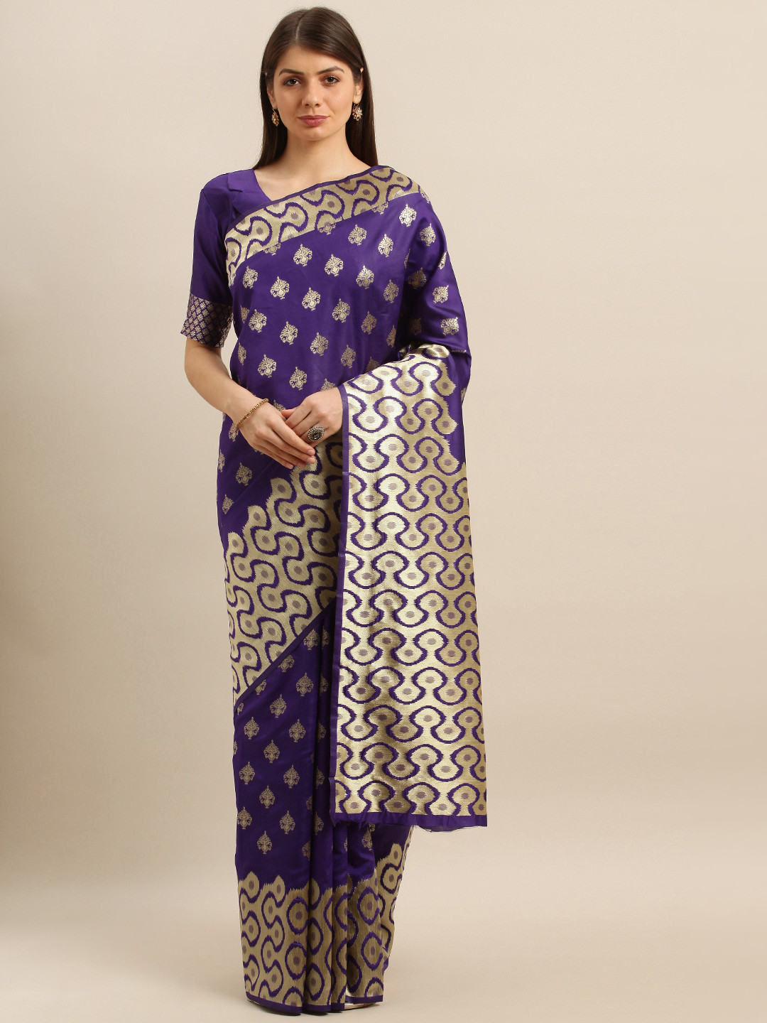 

SHAVYA Navy Blue & Gold-Toned Pure Silk Woven Design Banarasi Saree