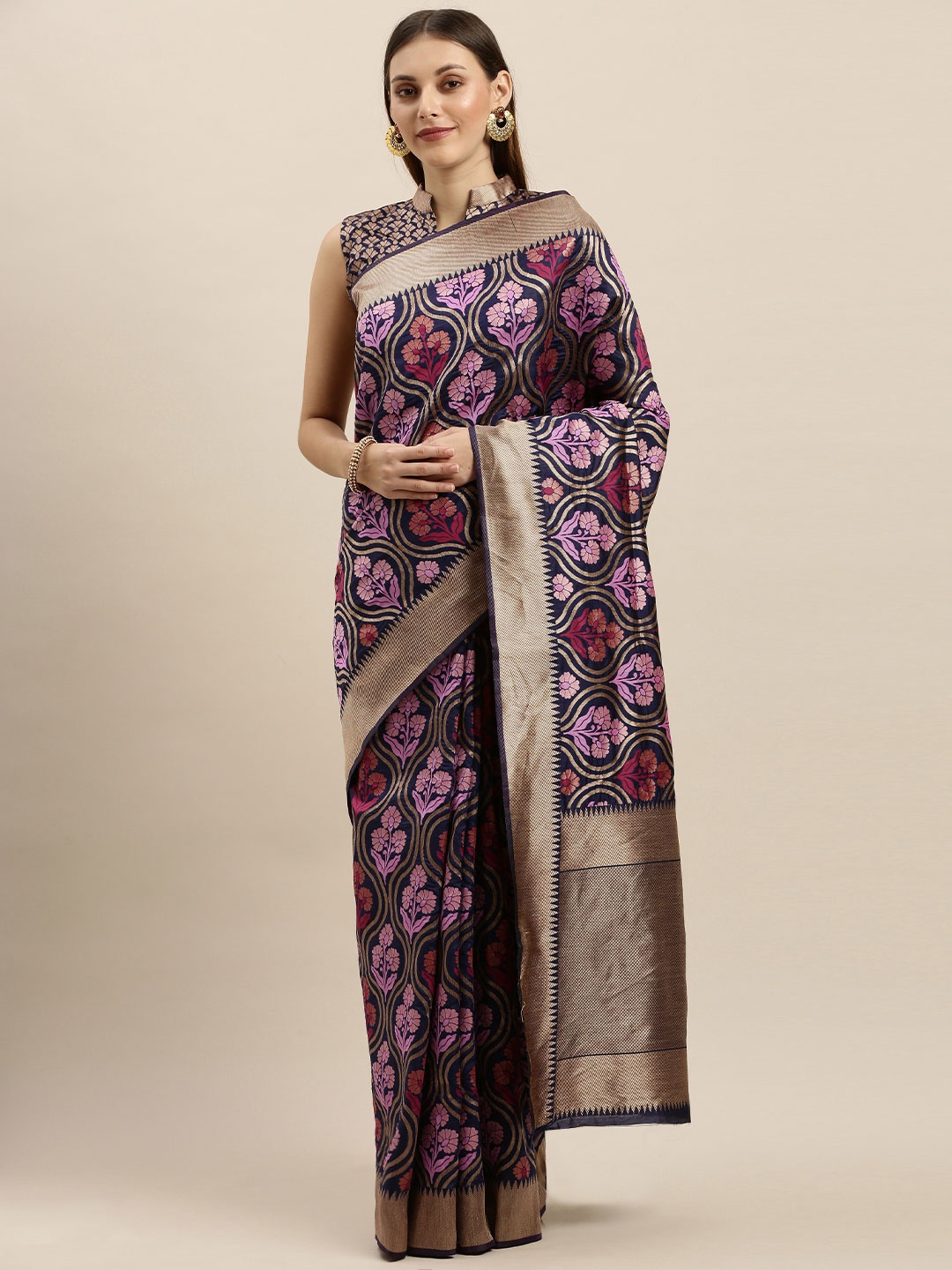 

SHAVYA Navy Blue & Pink Pure Silk Woven Design Banarasi Saree