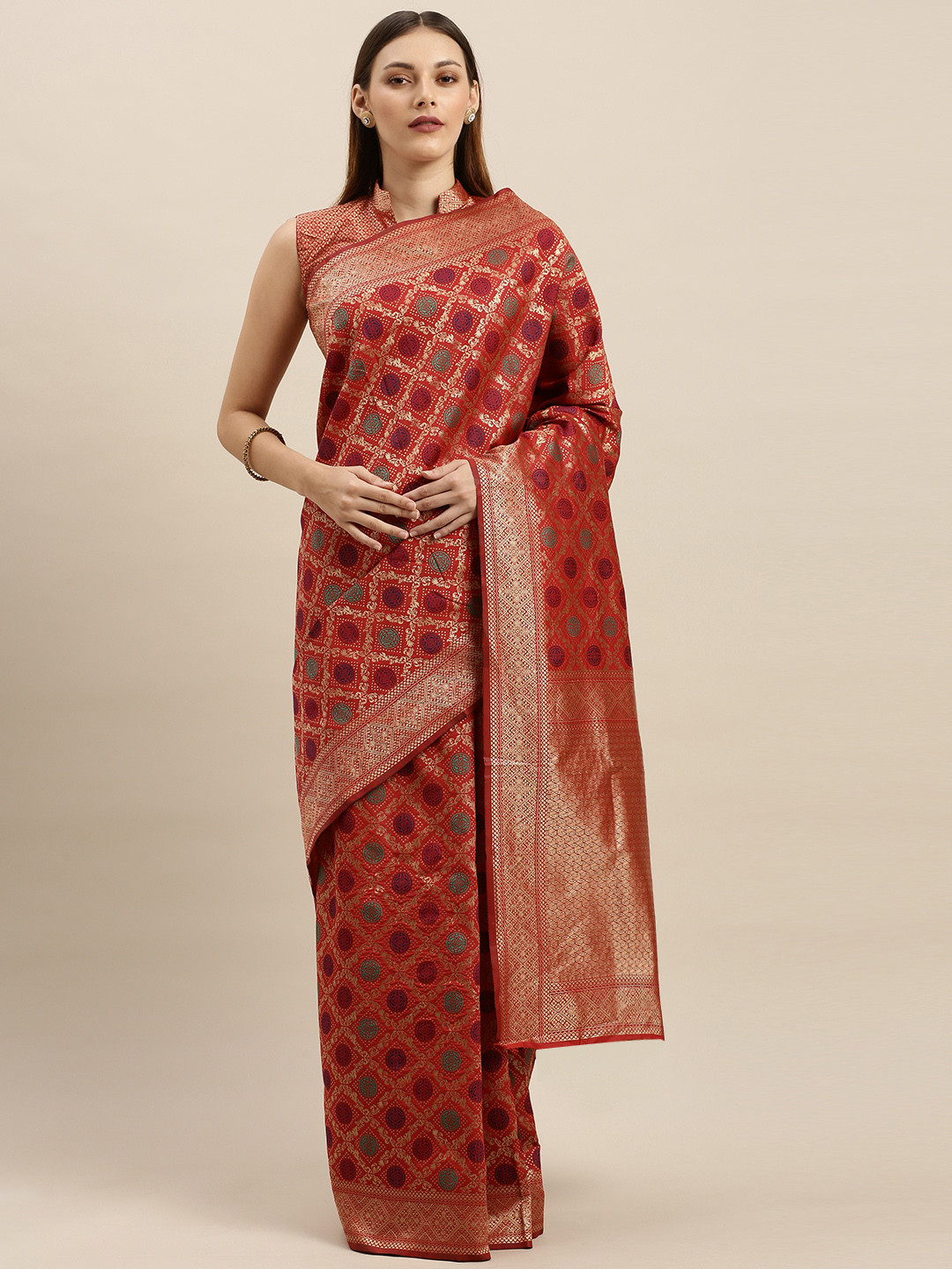 

SHAVYA Red & Blue Pure Silk Woven Design Banarasi Saree