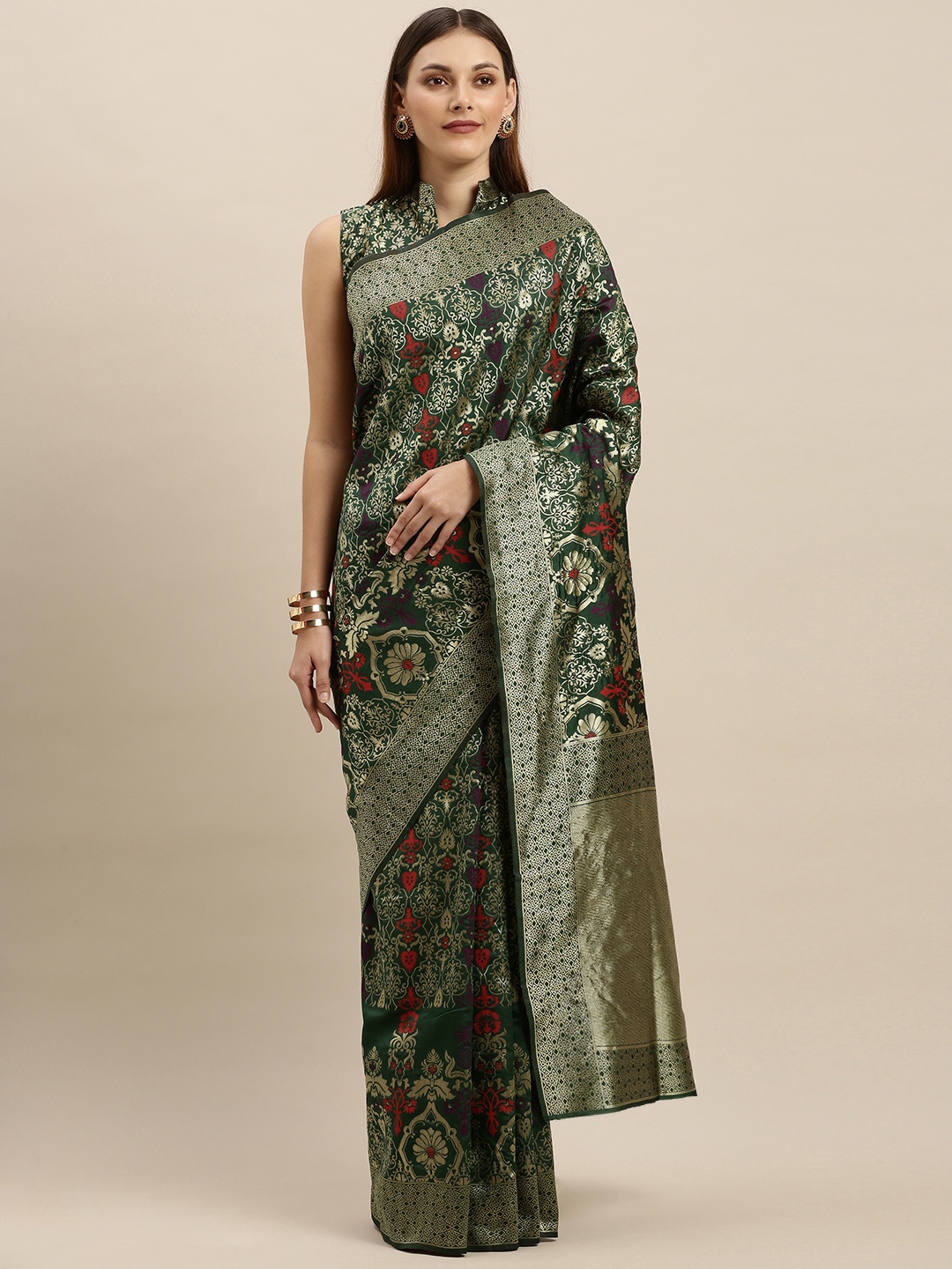 

SHAVYA Green & Gold-Toned Pure Silk Woven Design Banarasi Saree