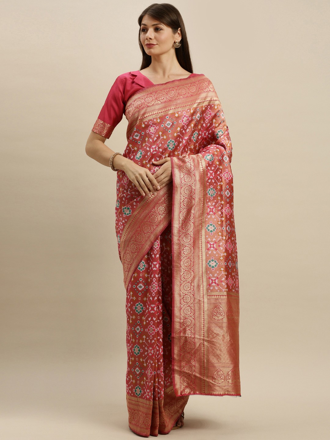 

SHAVYA Red & Beige Pure Silk Woven Design Banarasi Saree