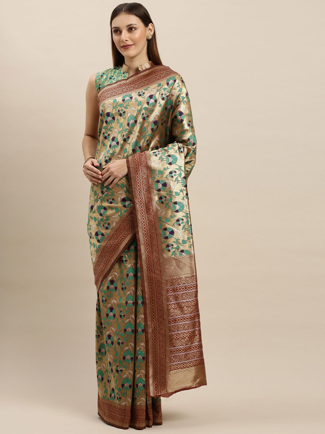 

SHAVYA Gold-Toned & Turquoise Blue Pure Silk Woven Design Banarasi Saree