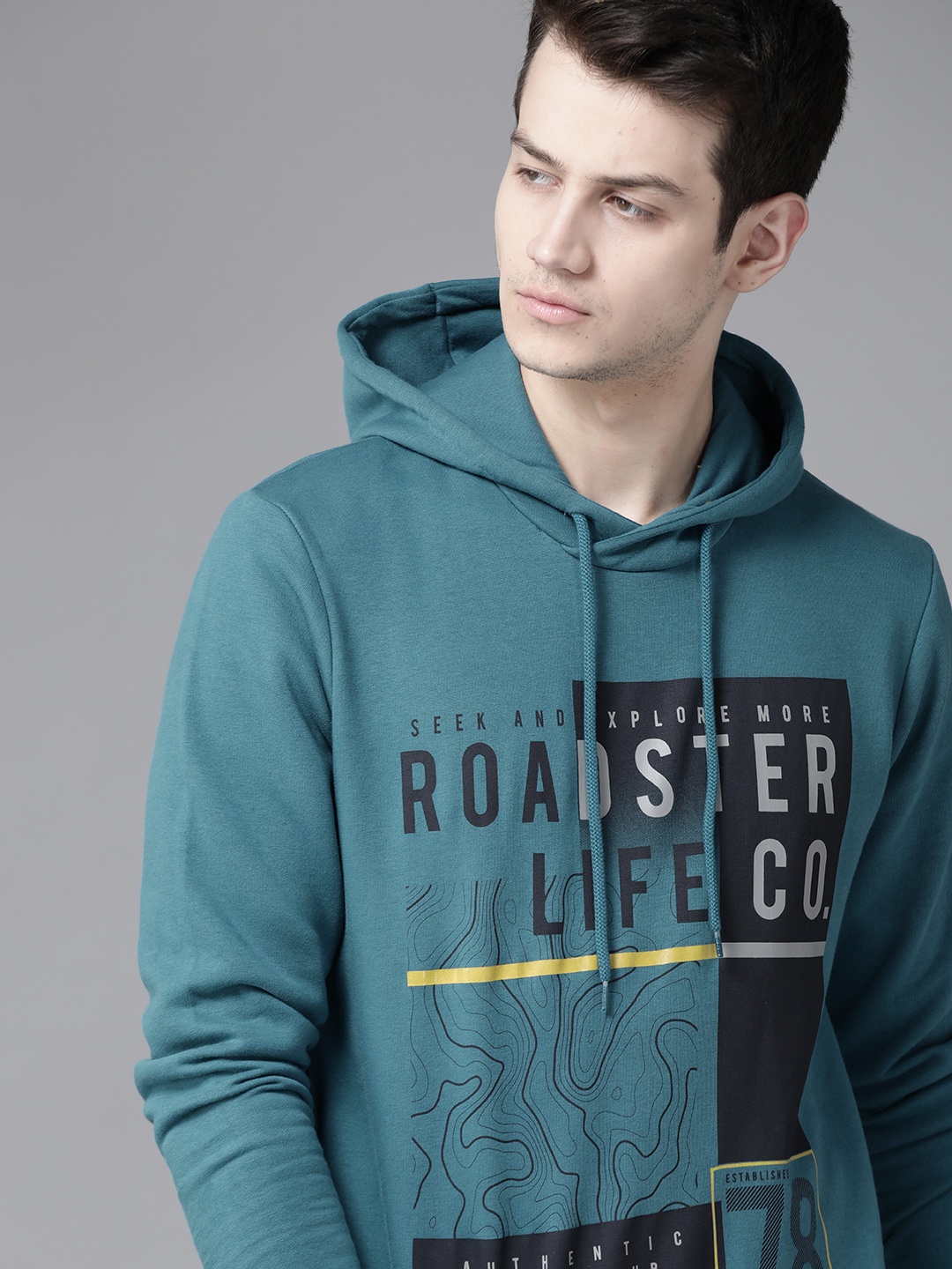 

Roadster Men Teal Blue Printed Hooded Sweatshirt