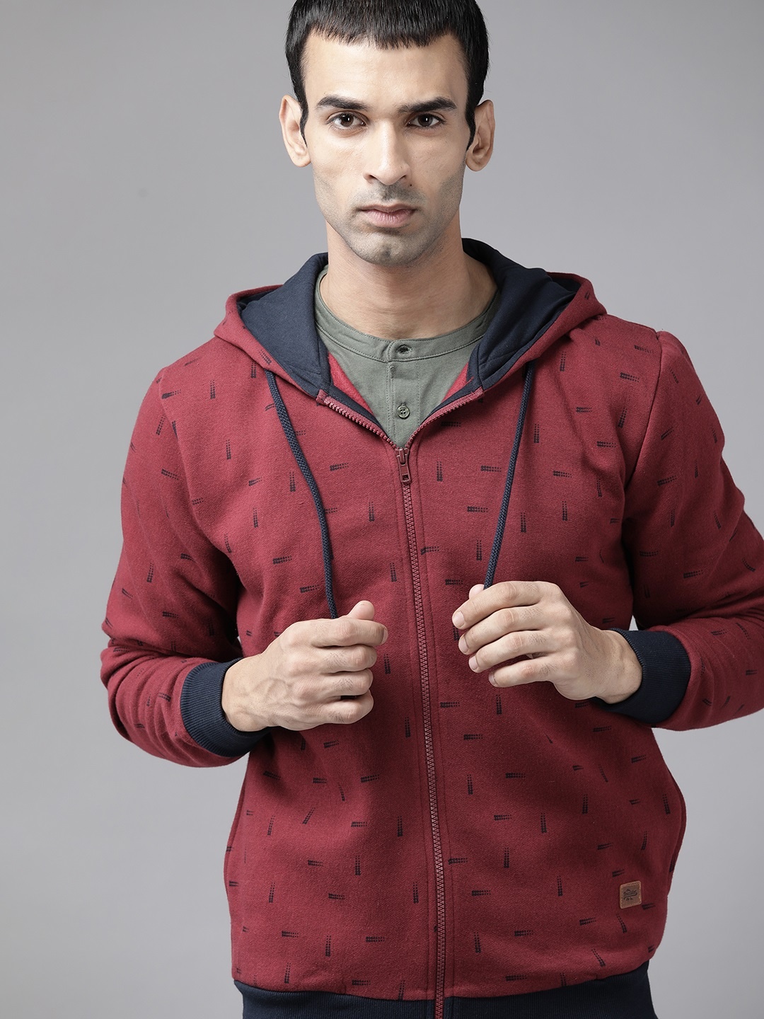 

Roadster Men Maroon & Navy Blue Printed Hooded Sweatshirt