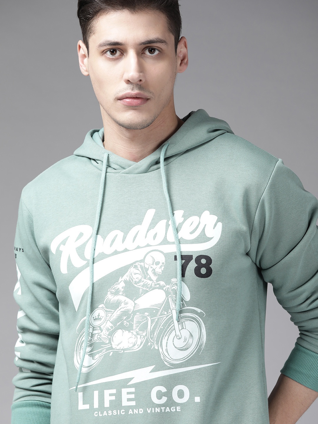 

Roadster Men Sea Green & White Printed Hooded Sweatshirt