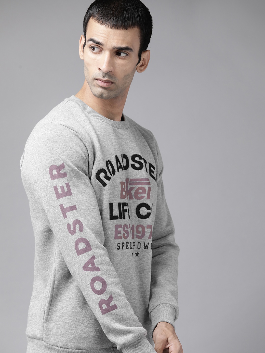 

Roadster Men Grey Melange & Black Printed & Applique Cotton Sweatshirt