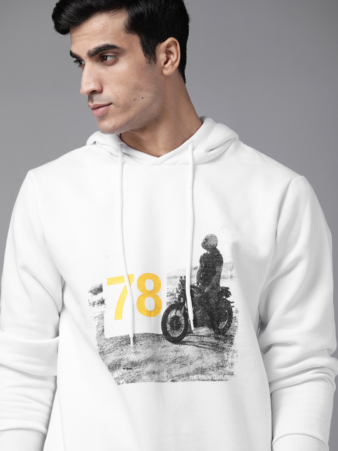 

Roadster Men White Printed Hooded Sweatshirt