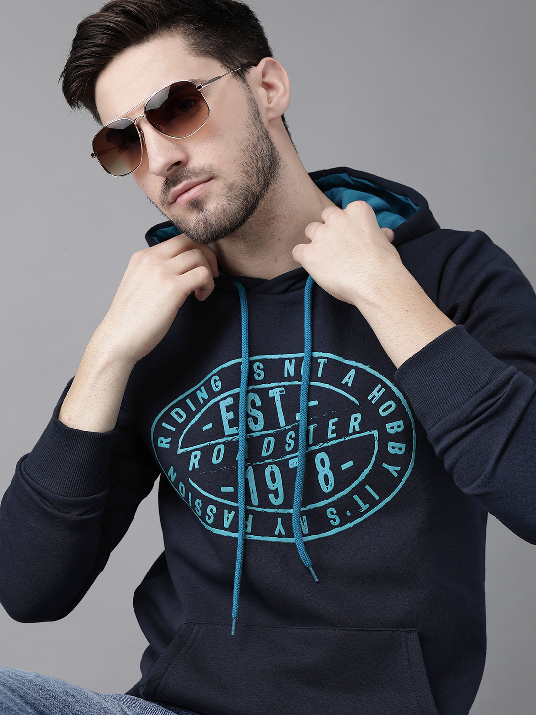 

Roadster Men Navy Blue Printed Hooded Sweatshirt