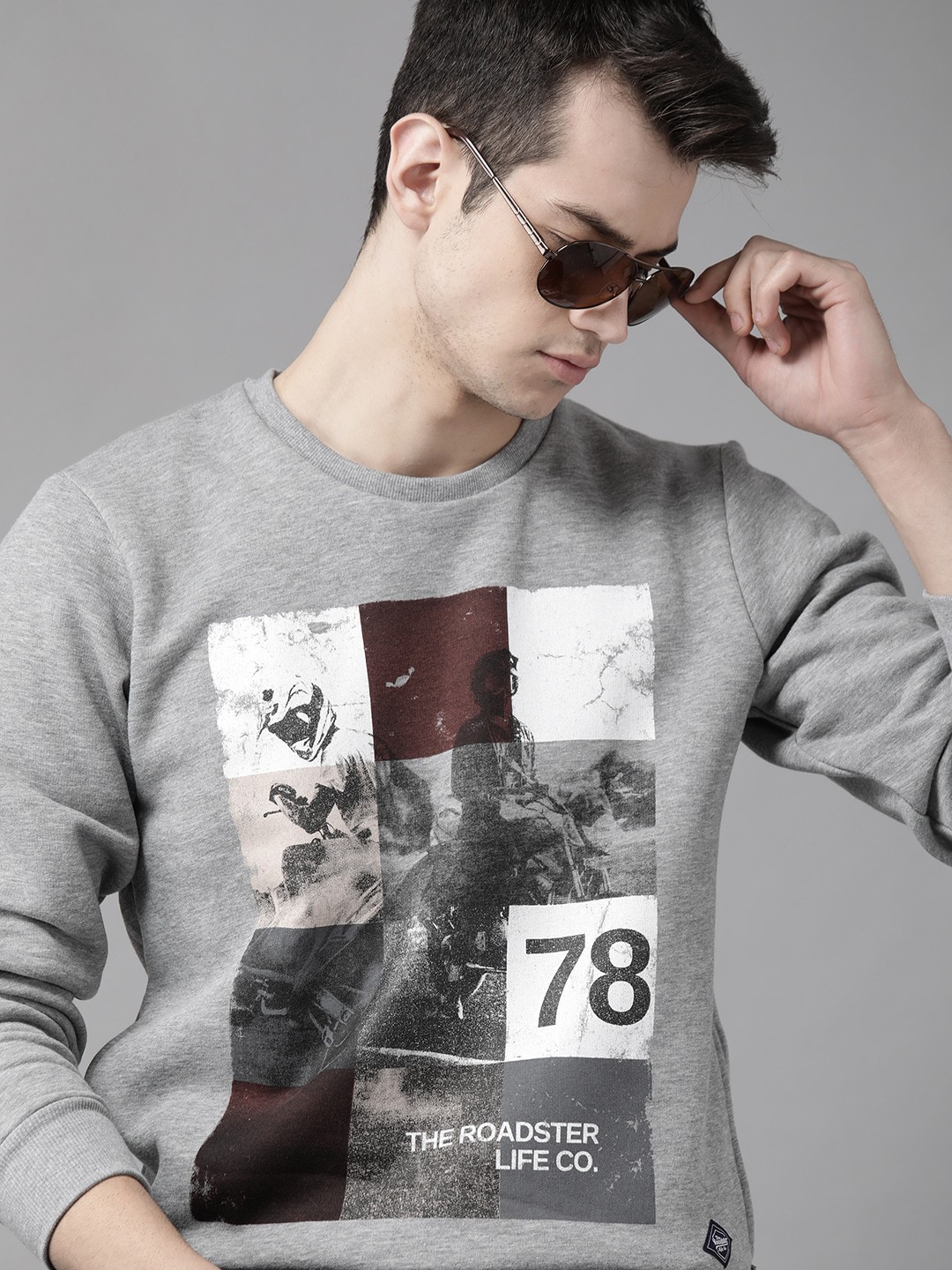 

Roadster Men Grey Melange & White Graphic Print Cotton Pullover Sweatshirt