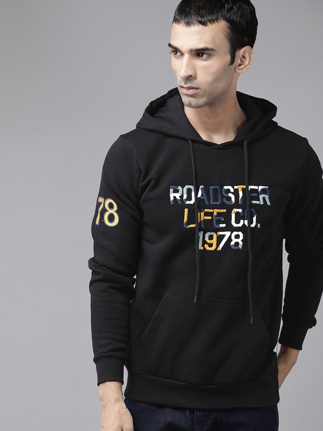 

Roadster Men Black Brand Name Printed Hooded Cotton Sweatshirt