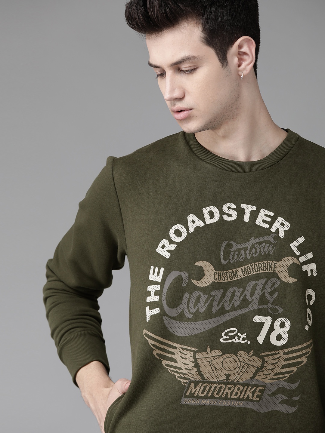 

Roadster Men Olive Green & Off-White Printed Sweatshirt