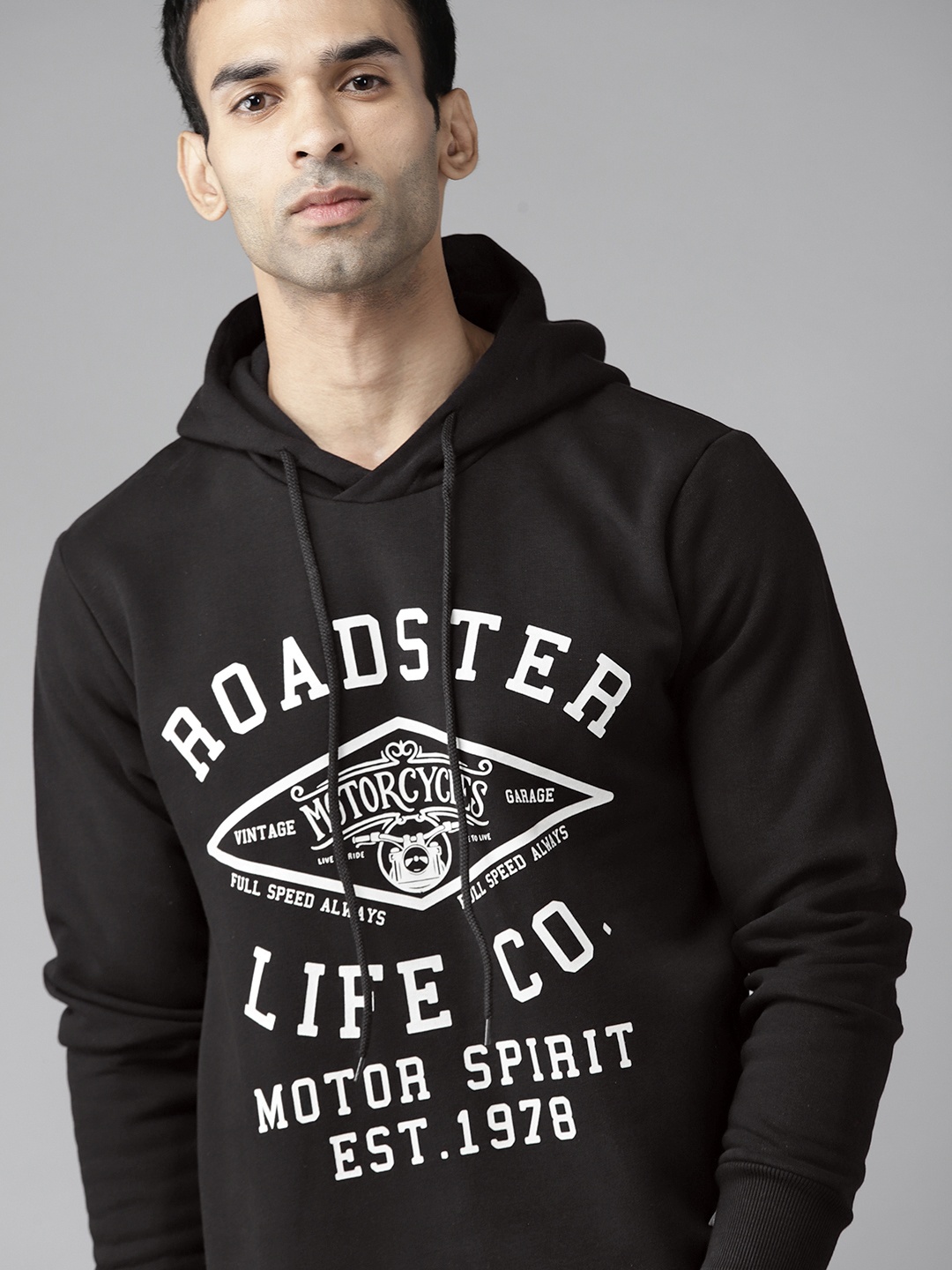 

Roadster Men Black & White Brand Logo Print Hooded Sweatshirt