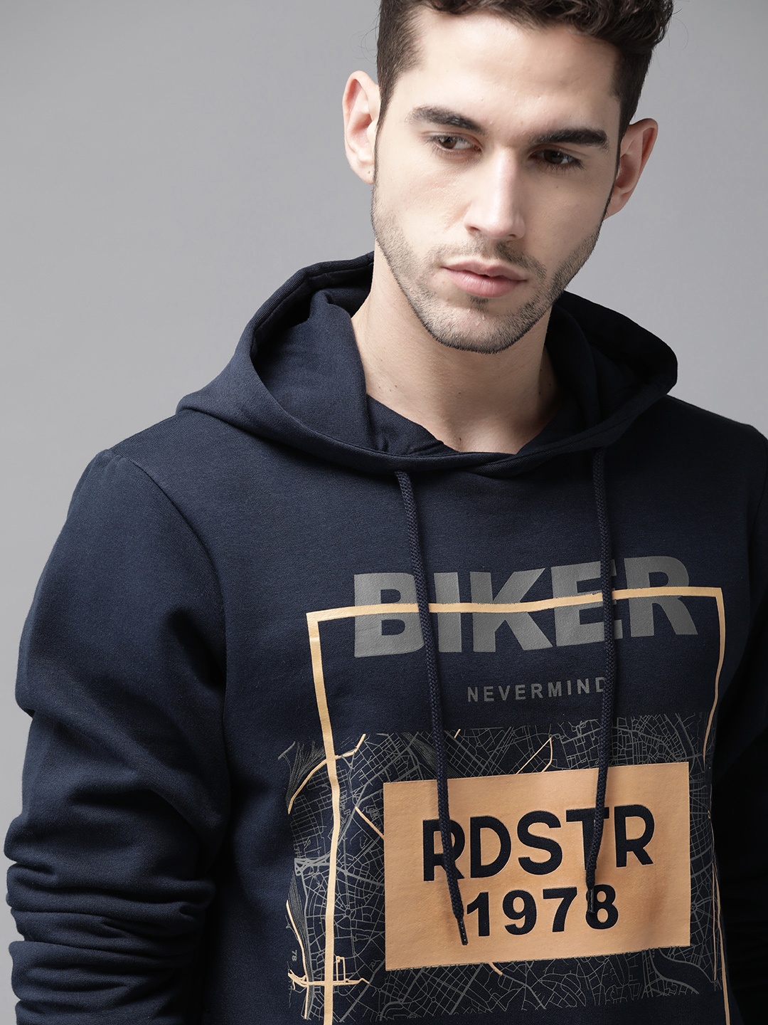 

Roadster Men Navy Blue & Orange Typography Print Hooded Sweatshirt