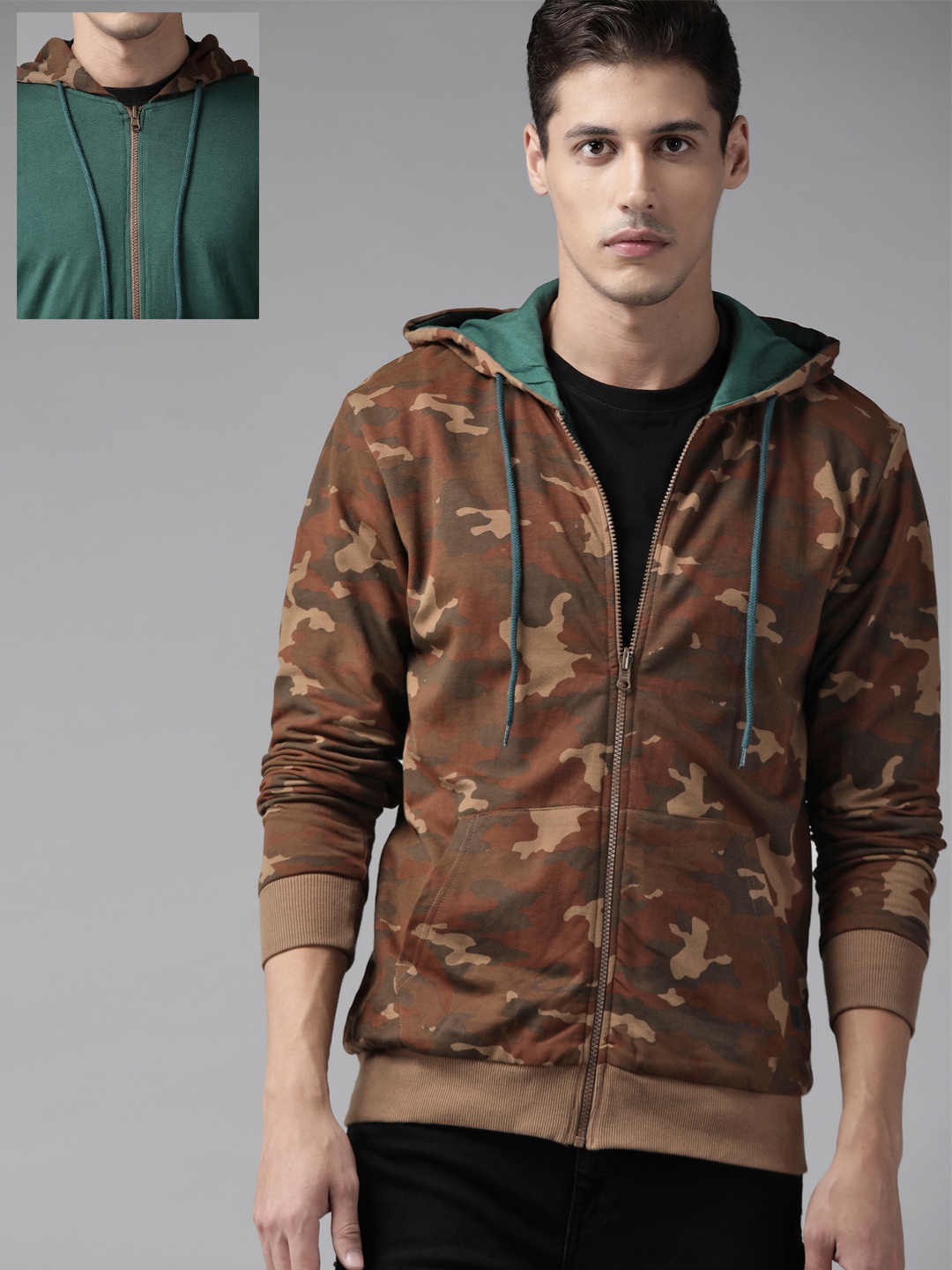 

Roadster Men Brown & Green Camouflage Print Reversible Hooded Sweatshirt