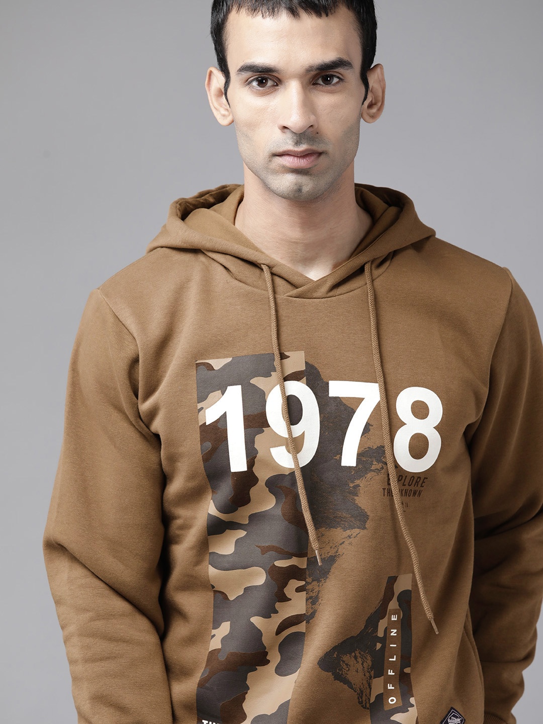 

Roadster Men Olive Brown & White Printed Hooded Sweatshirt