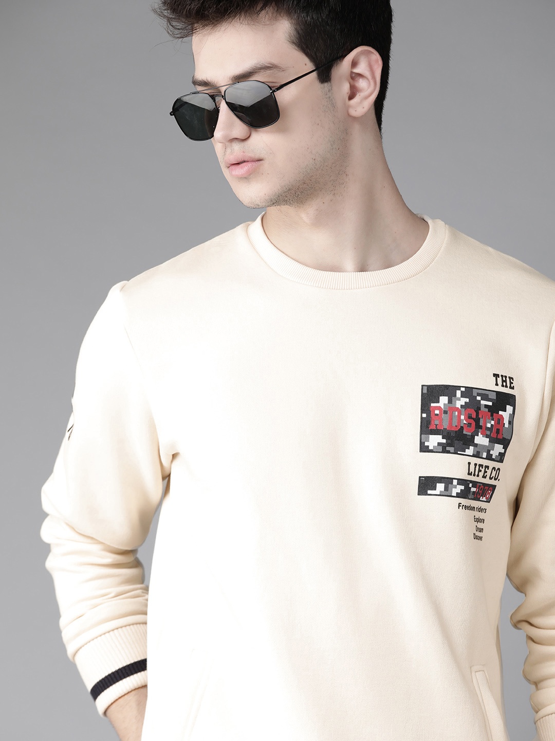 

Roadster Men Cream-Coloured Printed Back Sweatshirt