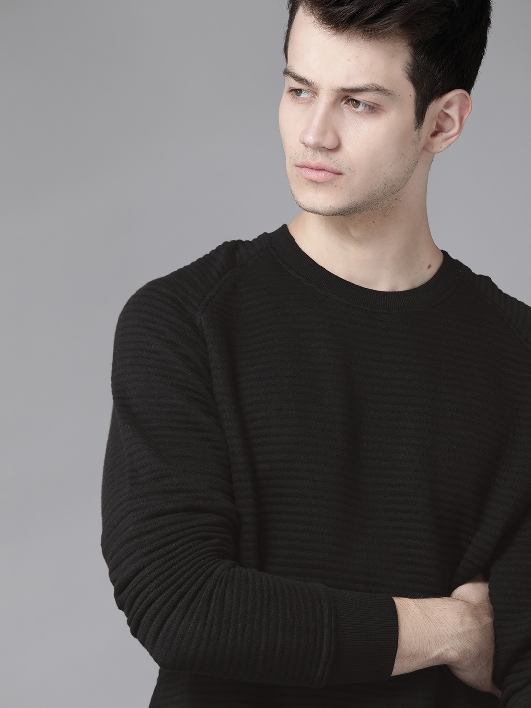 

Roadster Men Black Self-Striped Sweatshirt