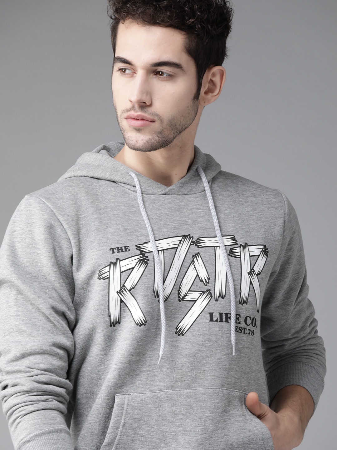 

Roadster Men Grey Melange & White Typography Print Hooded Sweatshirt