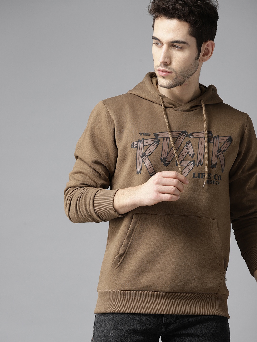 

Roadster Men Brown Printed Hooded Sweatshirt