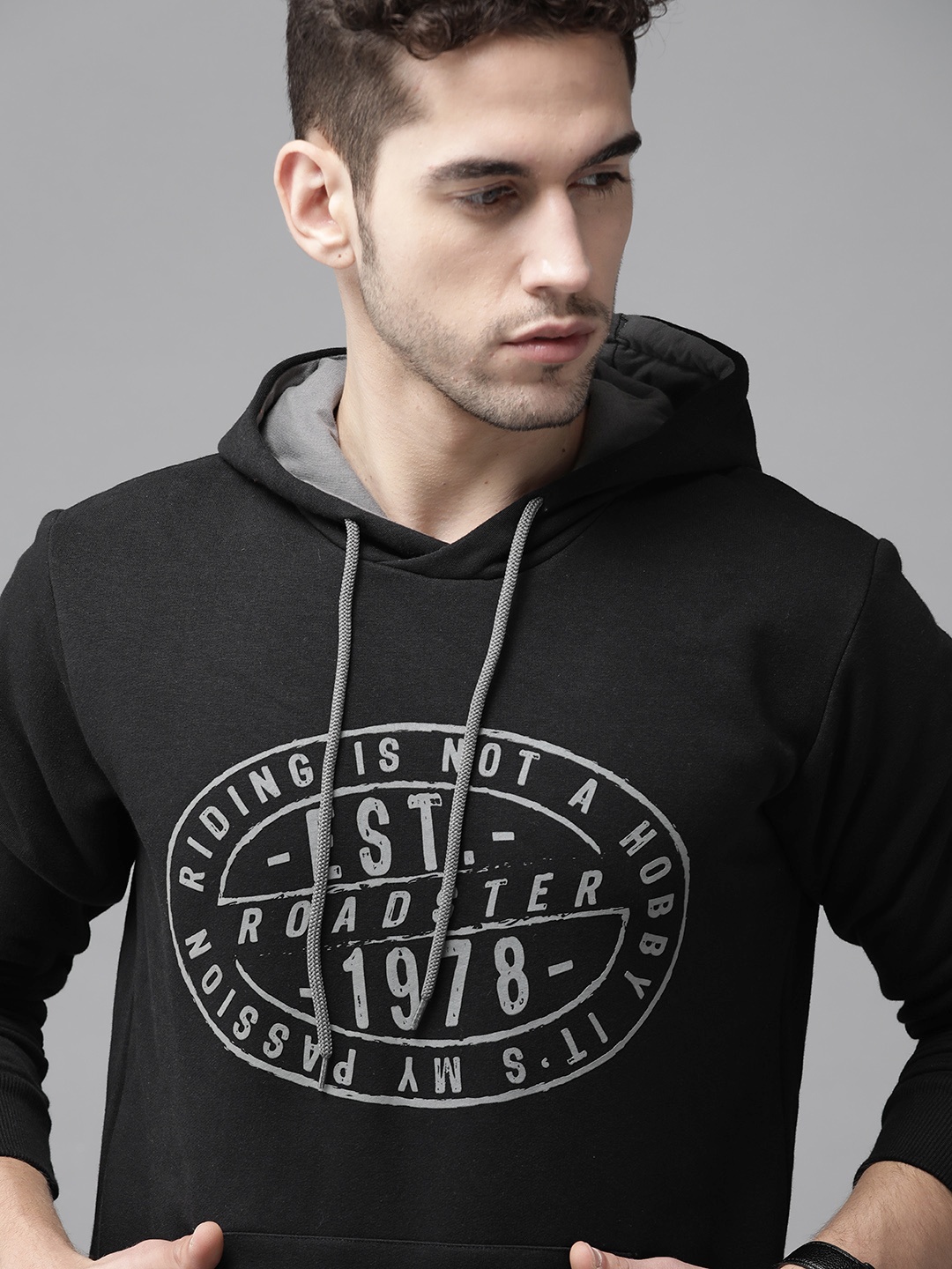 

Roadster Men Black & Charcoal Grey Brand Logo Print Hooded Sweatshirt