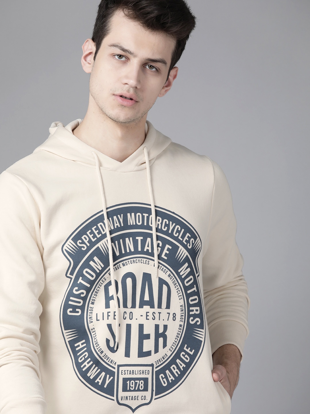 

Roadster Men Cream-Coloured & Navy Blue Printed Hooded Sweatshirt