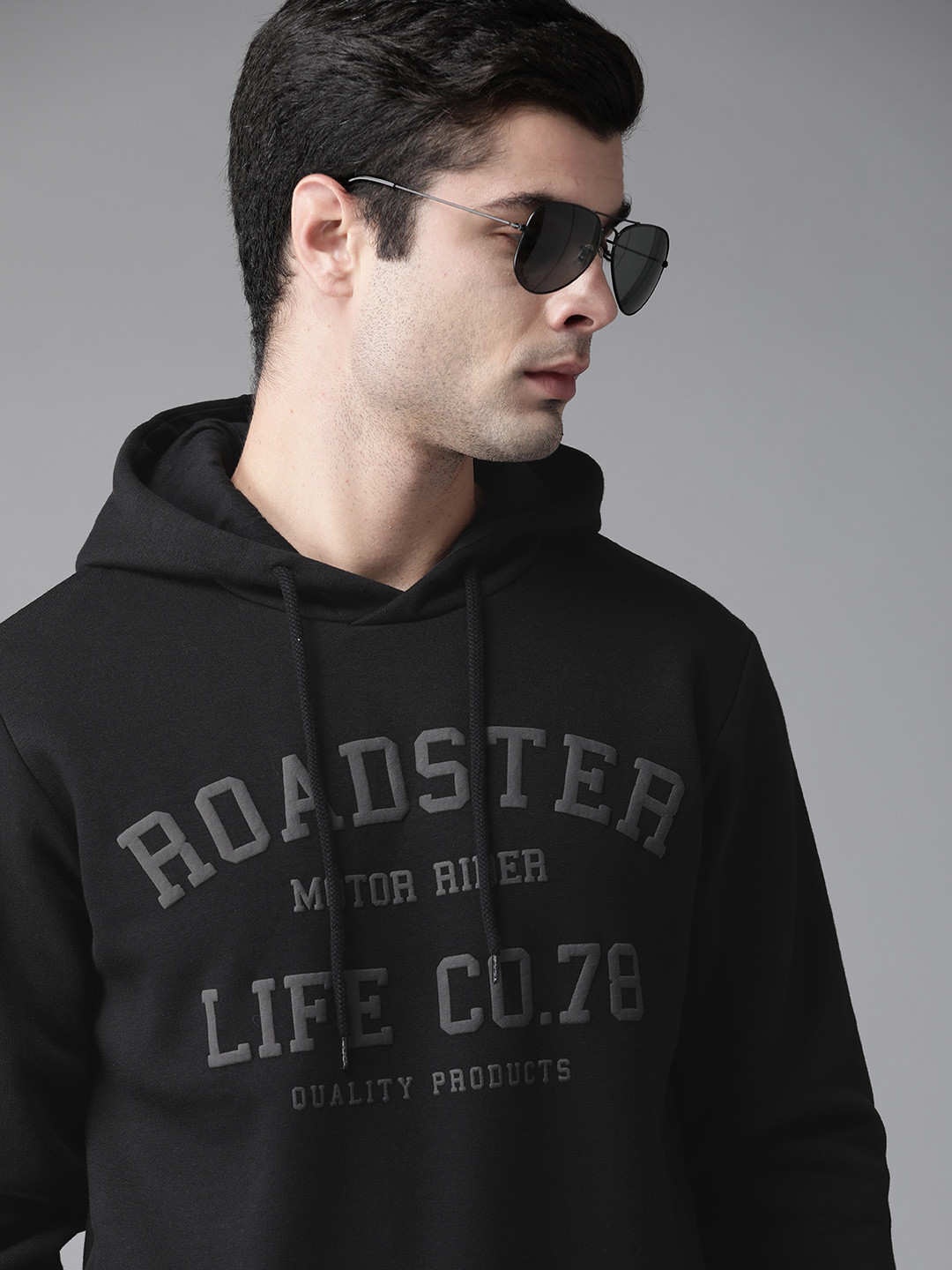 

Roadster Men Black & Charcoal Grey Brand Logo Print Hooded Sweatshirt