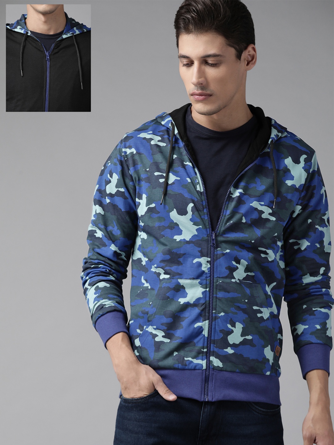 

Roadster Men Blue & Black Camouflage Print Reversible Hooded Sweatshirt