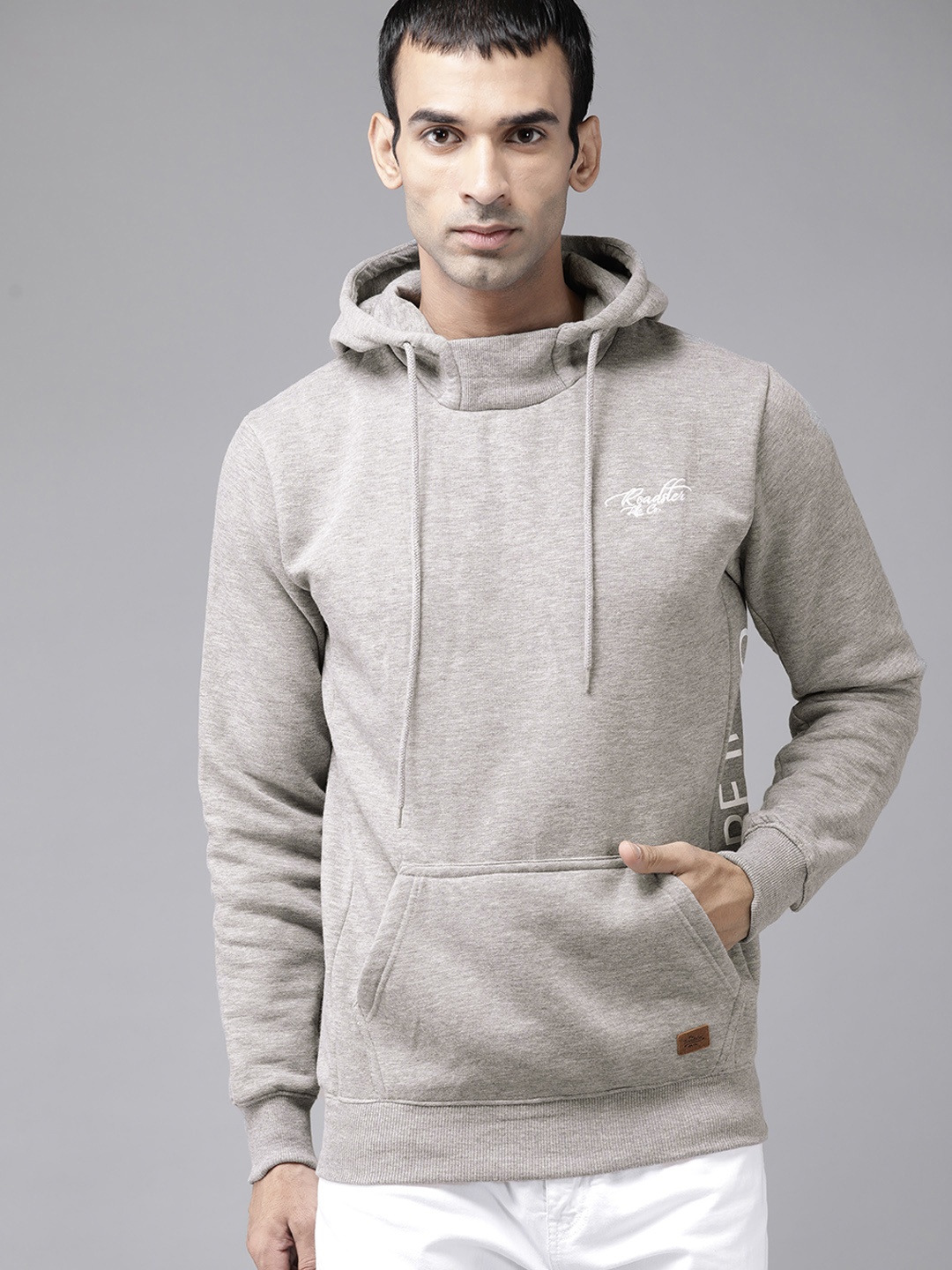 

Roadster Men Grey Melange Hooded Sweatshirt