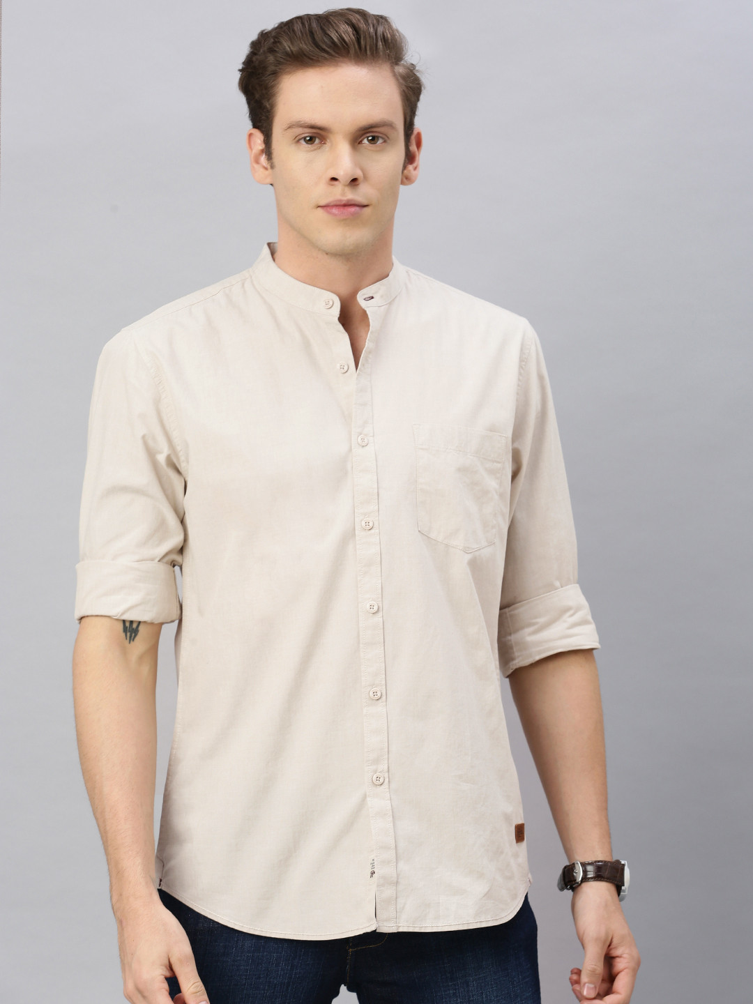 

Roadster Men Beige Regular Fit Solid Casual Shirt