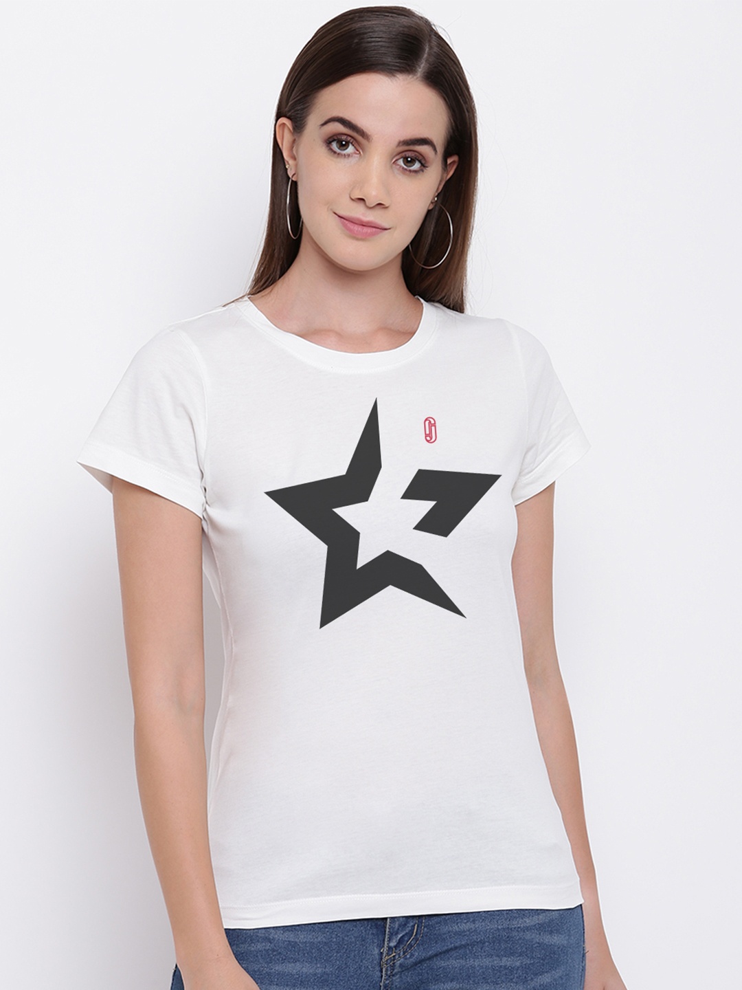 

THREADCURRY Women White Printed Round Neck T-shirt