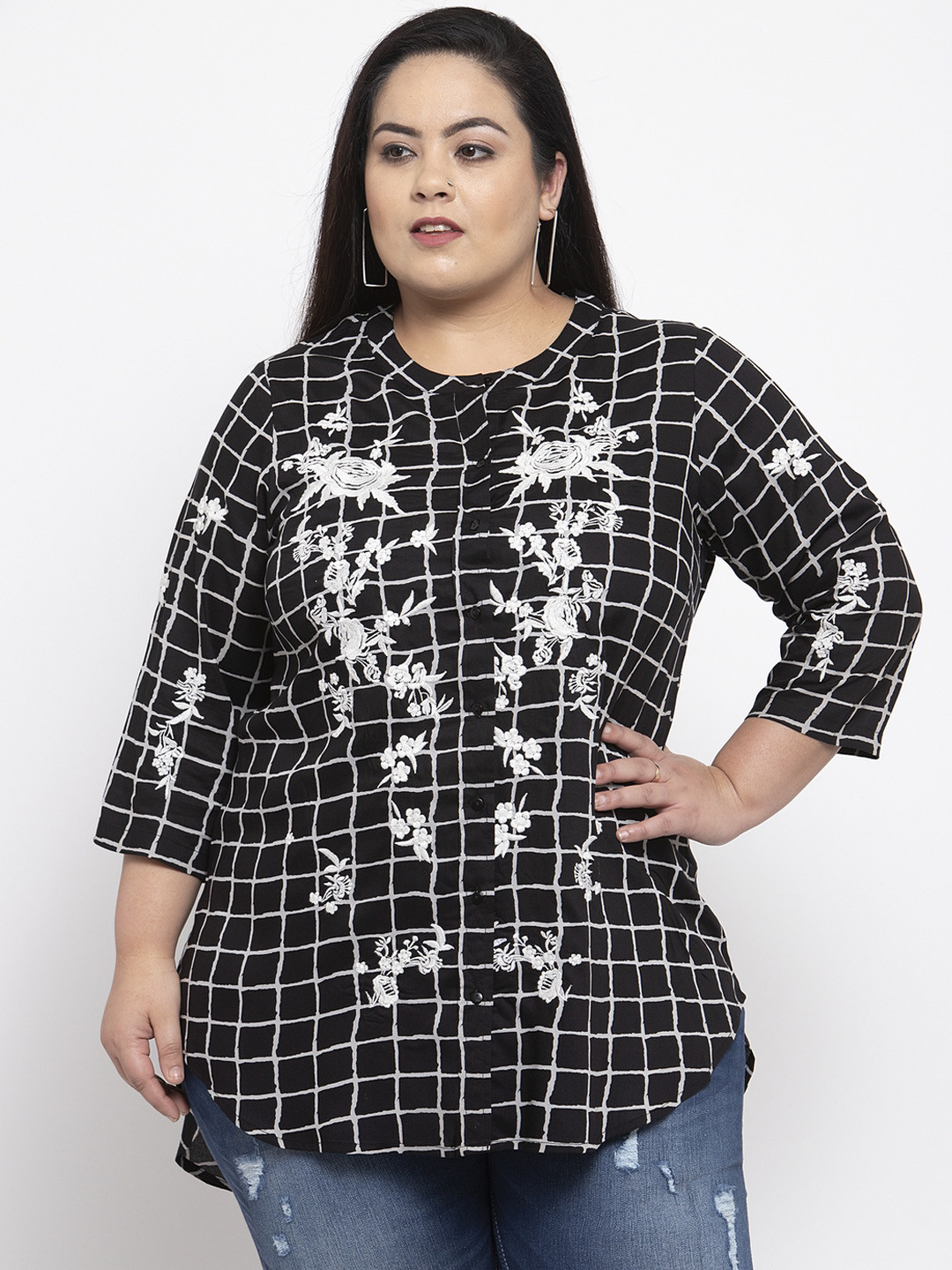 

plusS Women Black & White Checked Top