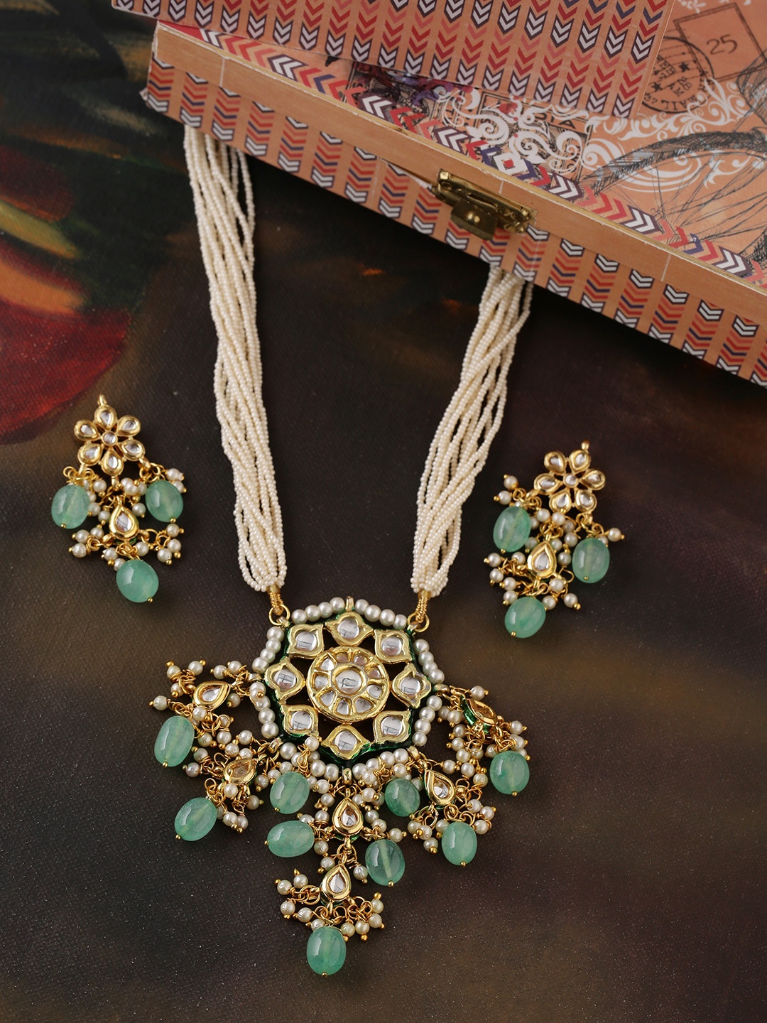 

Shoshaa Gold-Plated Turquoise Blue & White Kundan Studded Jewellery Set