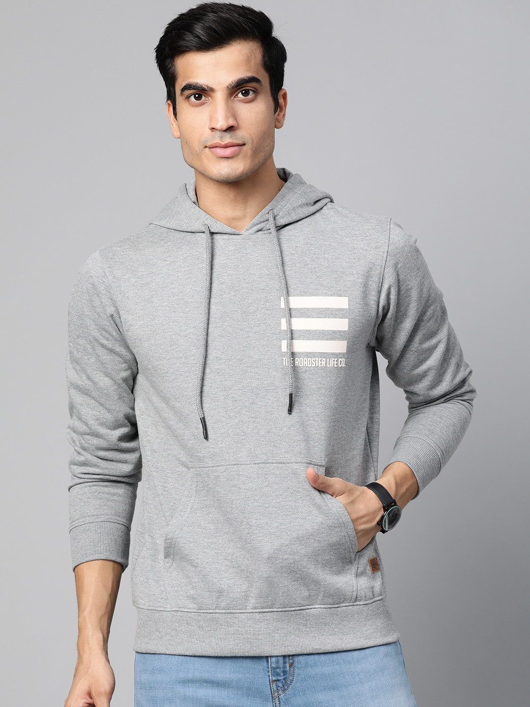 

Roadster Men Grey Melange Solid Hooded Sweatshirt