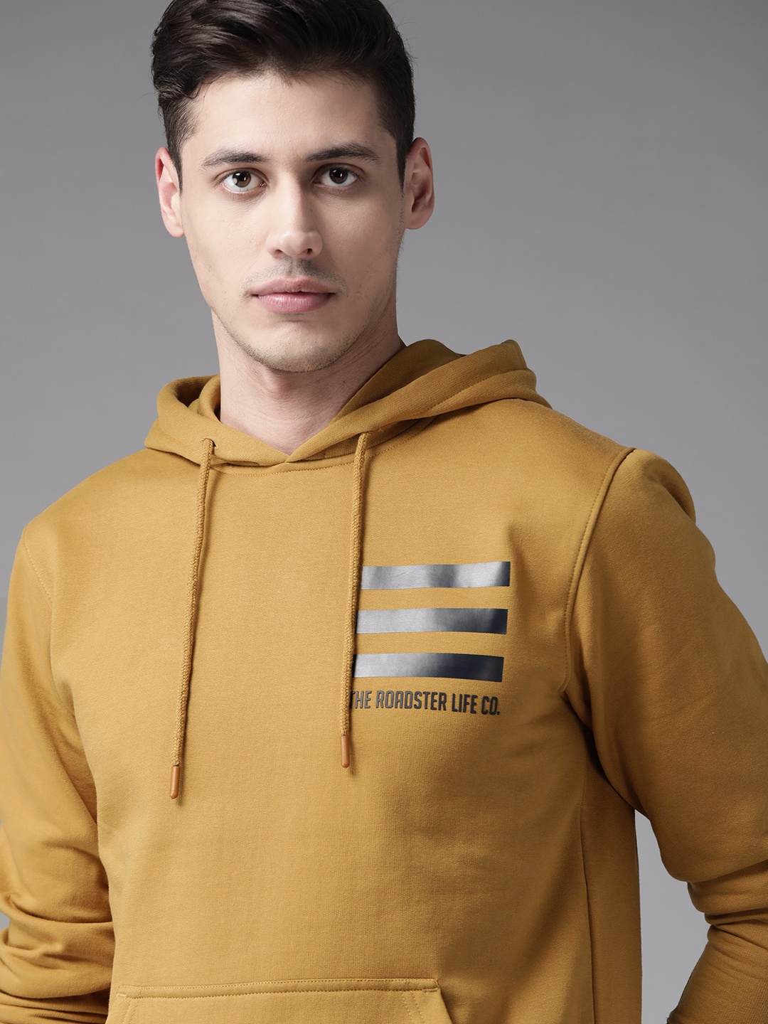 

Roadster Men Mustard Yellow Printed Detail Hooded Sweatshirt