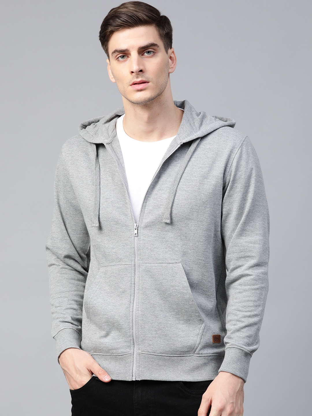 

Roadster Men Grey Melange Solid Hooded Sweatshirt